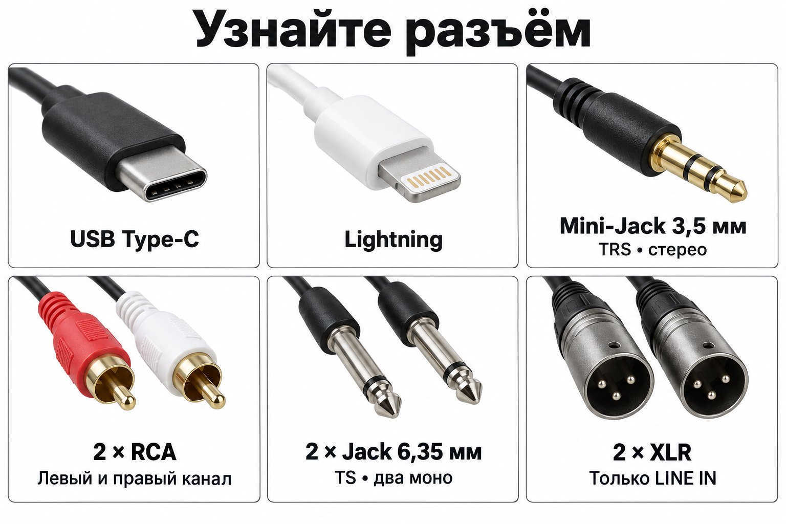 Разъёмы USB Type-C, Lightning, Mini-Jack 3,5 мм, RCA, Jack 6,35 мм и XLR
